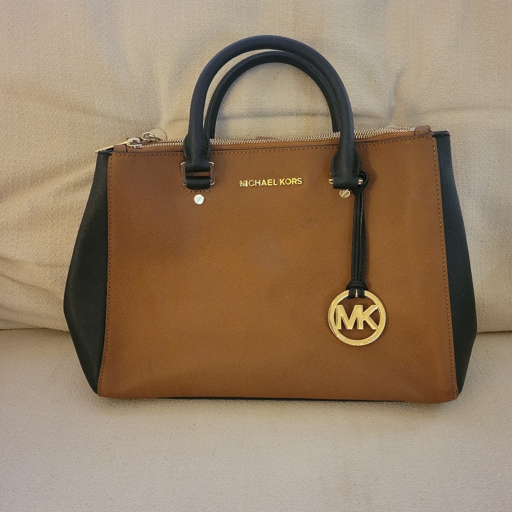 MICHAEL KORS SUTTON BROWN BLACK SAFFIANO LEATHER LARGE SATCHEL BAG PURSE MK